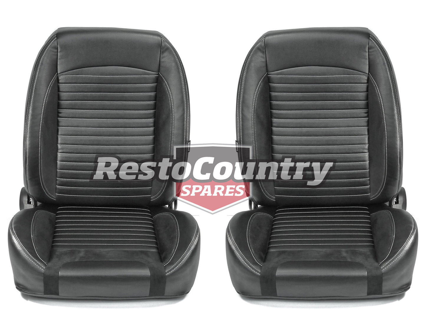 Autotecnica Retro Low Back Seat Pair (Black PU Leather w/ Accent Stitching) Universal / Ford / Holden - SS65BG