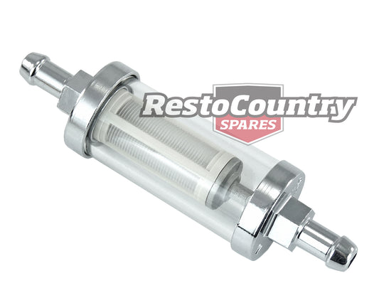 Universal In Line Chrome /Clear Fuel Filter - Reusable 5/16" IN/OUT petrol carby - 28C516