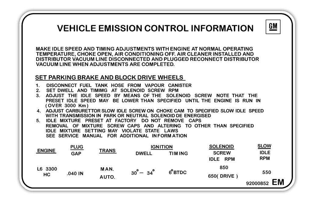Vehicle Emission Control Decal Holden HZ VB 3.3 Litre - 92000852