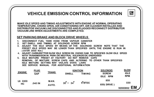 Vehicle Emission Control Decal Holden HZ VB 3.3 Litre - 92000852