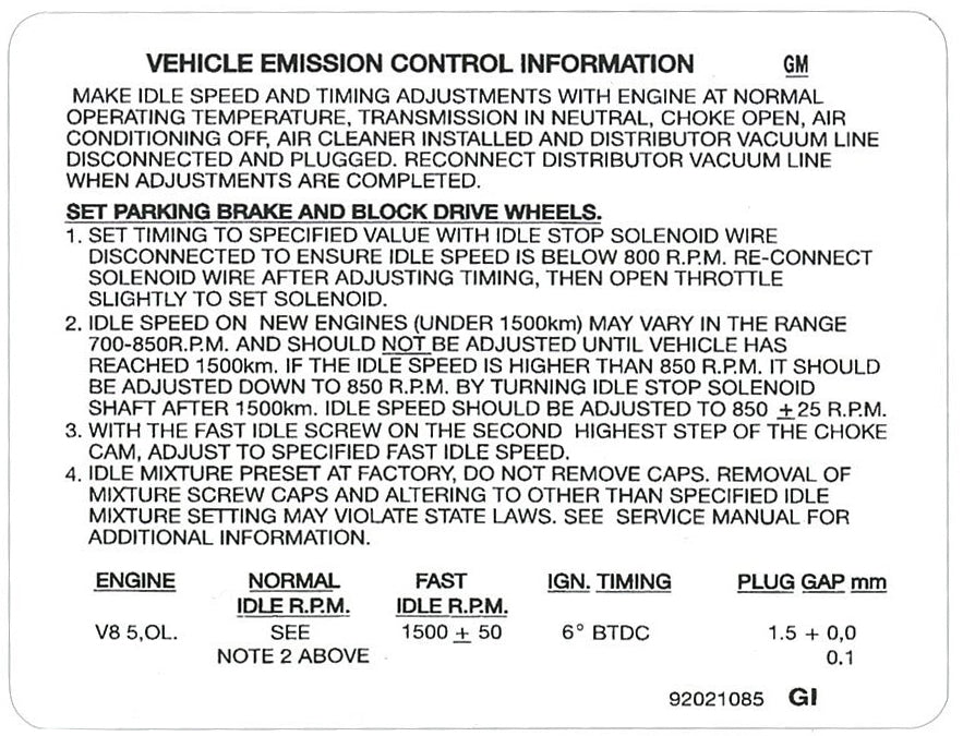 Vehicle Emission Control Decal Holden VH VK 5.0 Litre - 92021085