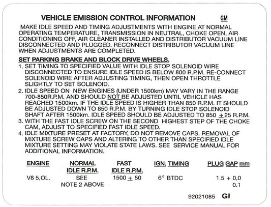 Vehicle Emission Control Decal Holden VH VK 5.0 Litre - 92021085