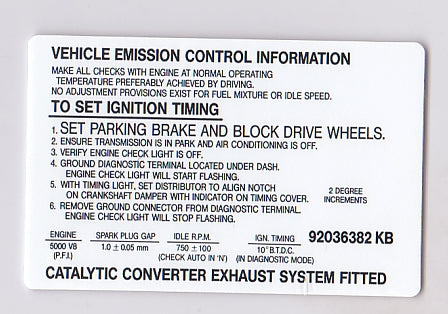 Vehicle Emission Control Decal Holden VN V8 - 92036382