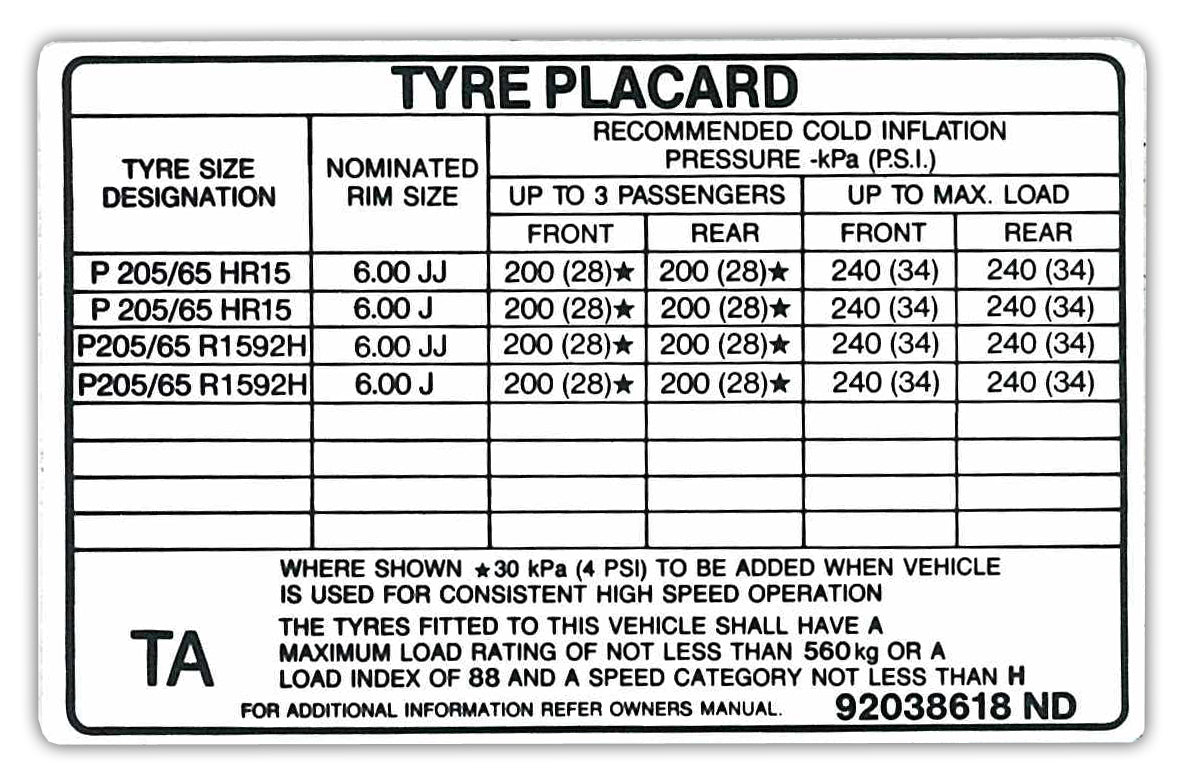 Tyre Placard Decal (6 x 15”) Holden VN SS BT1 FE2 - 92038618A