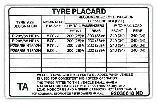 Tyre Placard Decal (6 x 15”) Holden VN SS BT1 FE2 - 92038618A
