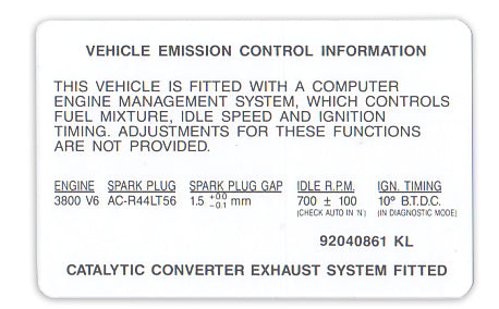 Vehicle Emission Control Decal Holden VN Series 2 VP V6 - 92040861