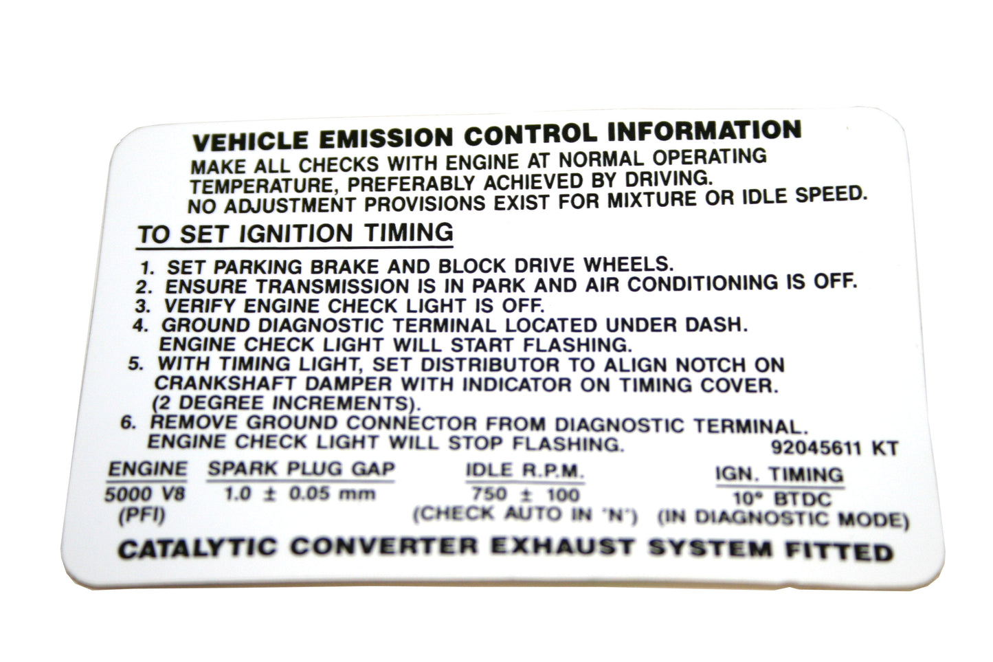 Vehicle Emission Control Decal Holden VP VR VS V8 - 92045611