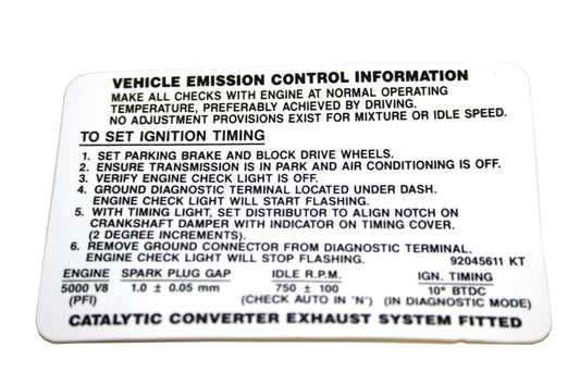 Vehicle Emission Control Decal Holden VP VR VS V8 - 92045611