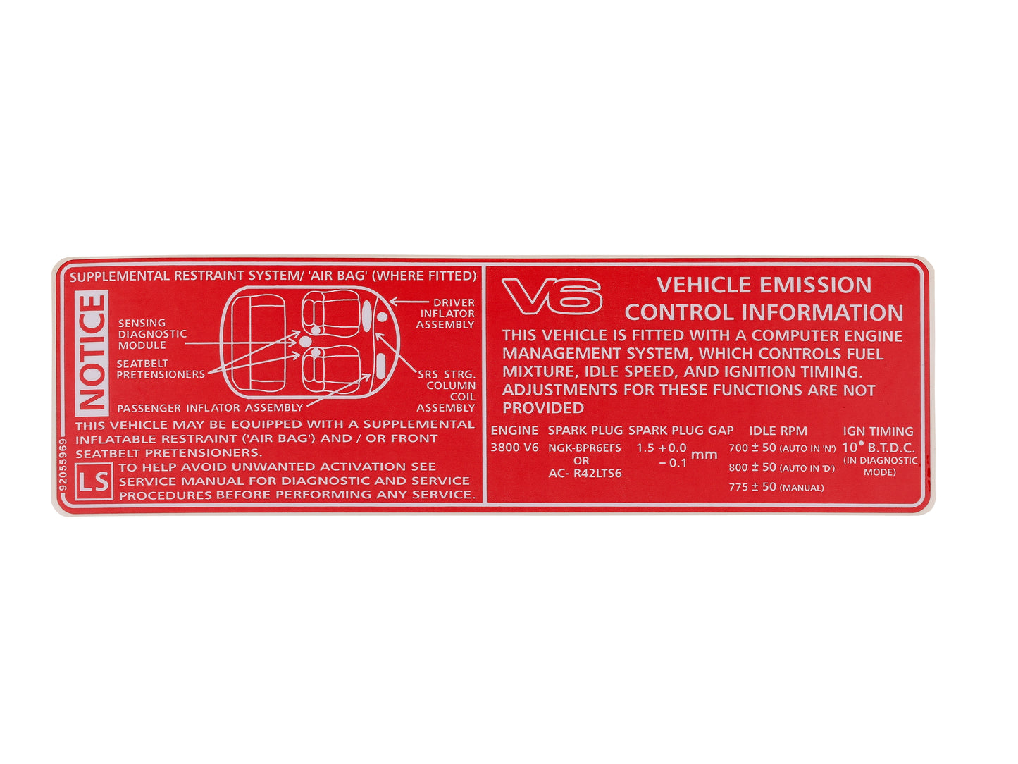 Vehicle Emission Control / SRS Decal Holden VT Series 1 V6 - 92055969