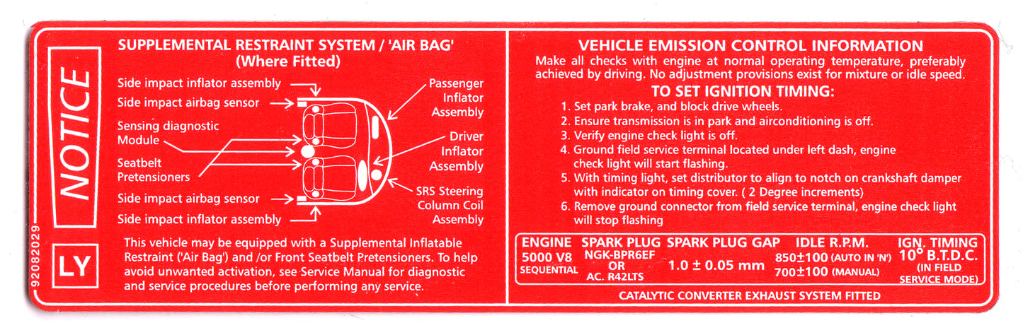 Vehicle Emission Control / SRS Decal Holden VT Series 1 V8 - 92082029