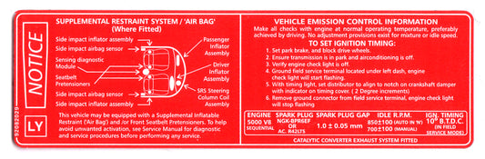 Vehicle Emission Control / SRS Decal Holden VT Series 1 V8 - 92082029