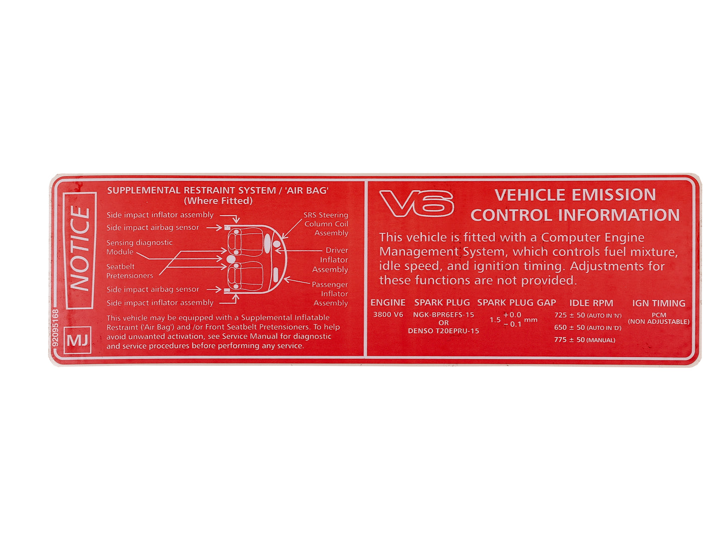 Vehicle Emission Control / SRS Decal Holden VT Series 2 VX V6 - 92095168