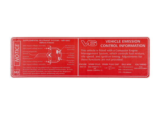 Vehicle Emission Control / SRS Decal Holden VT Series 2 VX V6 - 92095168
