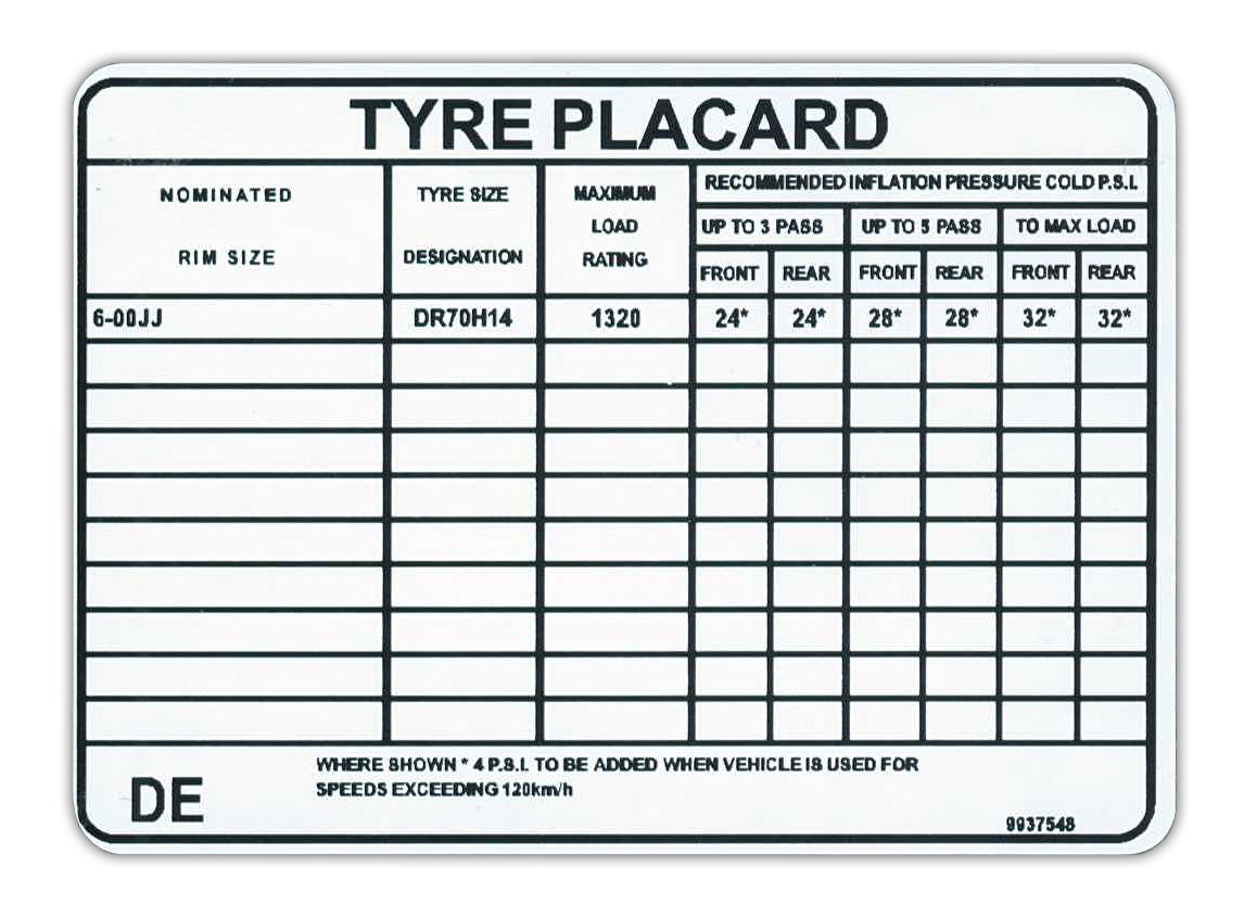 Tyre Placard Decal Holden LH LX (L34 & A9X) - 9937548