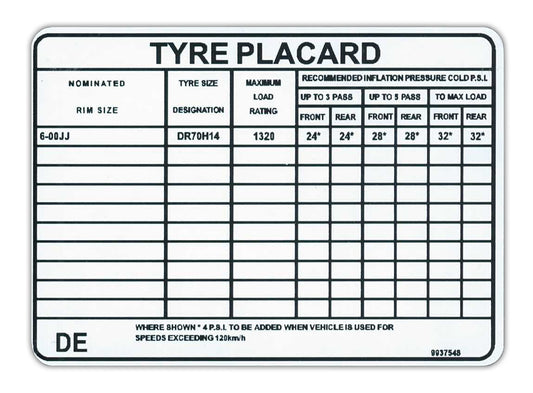 Tyre Placard Decal Holden LH LX (L34 & A9X) - 9937548