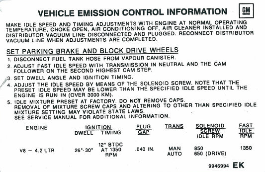 Vehicle Emission Control Decal Holden LX HZ VB 4.2 Litre - 9946994