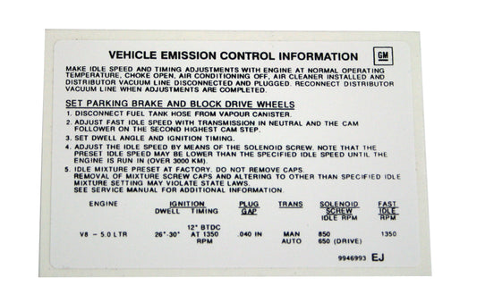 Vehicle Emission Control Decal Holden LX HZ VB 5 Litre - BD1046