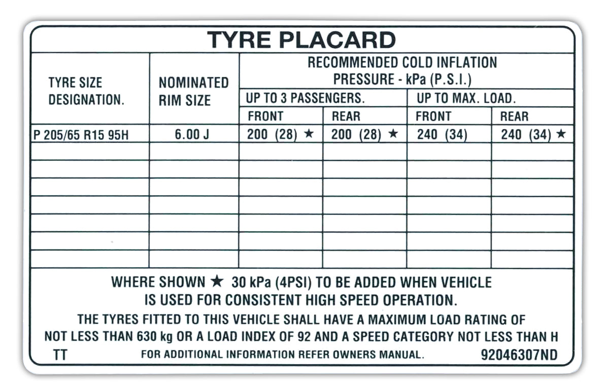 Tyre Placard Decal (15” Wheels) Holden VR VS - BD1112