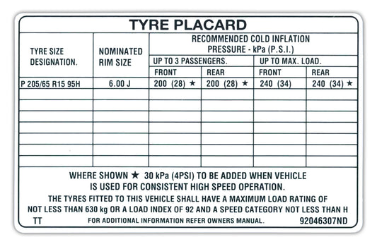 Tyre Placard Decal (15” Wheels) Holden VR VS - BD1112