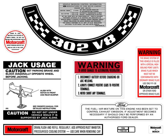 Engine Bay Decal Kit ‘302 V8’ (Small Air Cleaner) Ford XA ZF - BD2069
