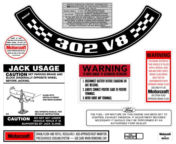 Engine Bay Decal Kit ‘302 V8’ (Large Air Cleaner) Ford XA ZF - BD2069L