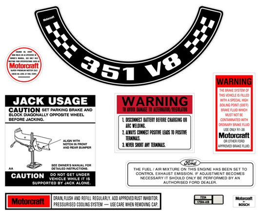 Engine Bay Decal Kit ‘351 V8’ (Small Air Cleaner) Ford XA ZF - BD2070