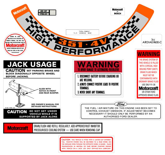 Engine Bay Decal Kit ‘351 4V High Performance’ Ford XB GT - BD2071