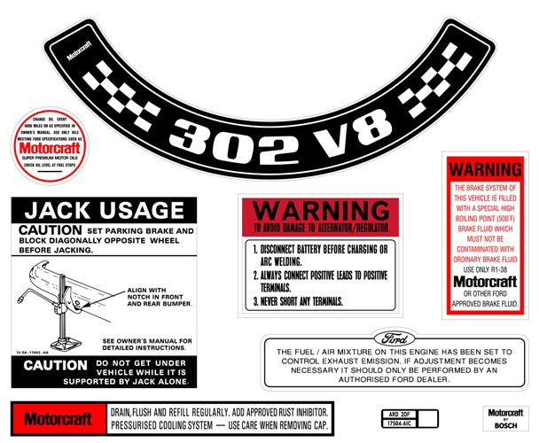 Engine Bay Decal Kit ‘302 V8’ (Large Air Cleaner) Ford XB ZG - BD2072L