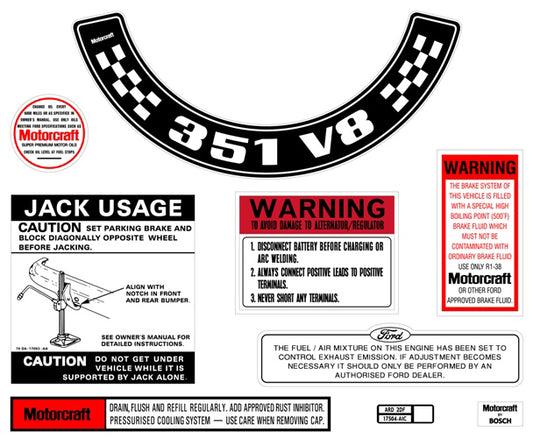 Engine Bay Decal Kit ‘351 V8’ (Small Air Cleaner) Ford XB ZG - BD2073