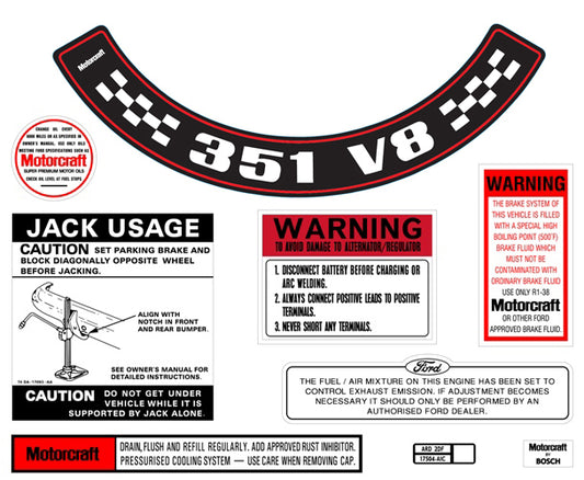 Engine Bay Decal Kit ‘351 V8’ (Large Air Cleaner) Ford XB ZG - BD2073L