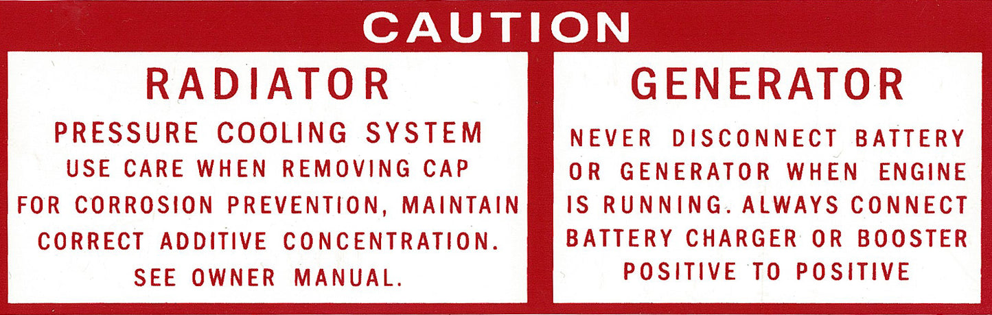 Radiator Support Panel Decal ‘Radiator / Generator’ Holden HD HR HK HT HG LC GTR XU1 - D1034