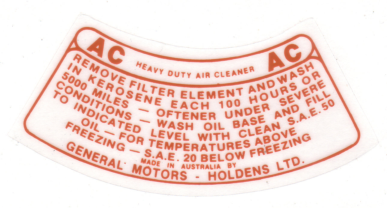 Air Cleaner Decal ‘AC Heavy Duty’ (Brown) Holden FE FC - DAC3