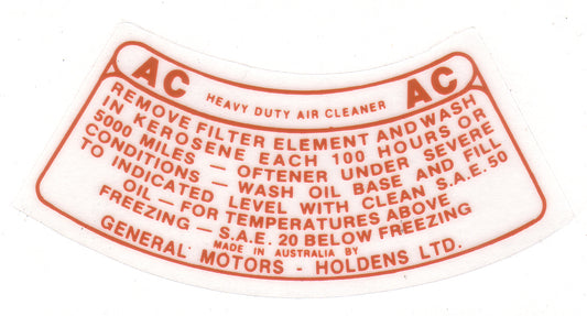 Air Cleaner Decal ‘AC Heavy Duty’ (Brown) Holden FE FC - DAC3