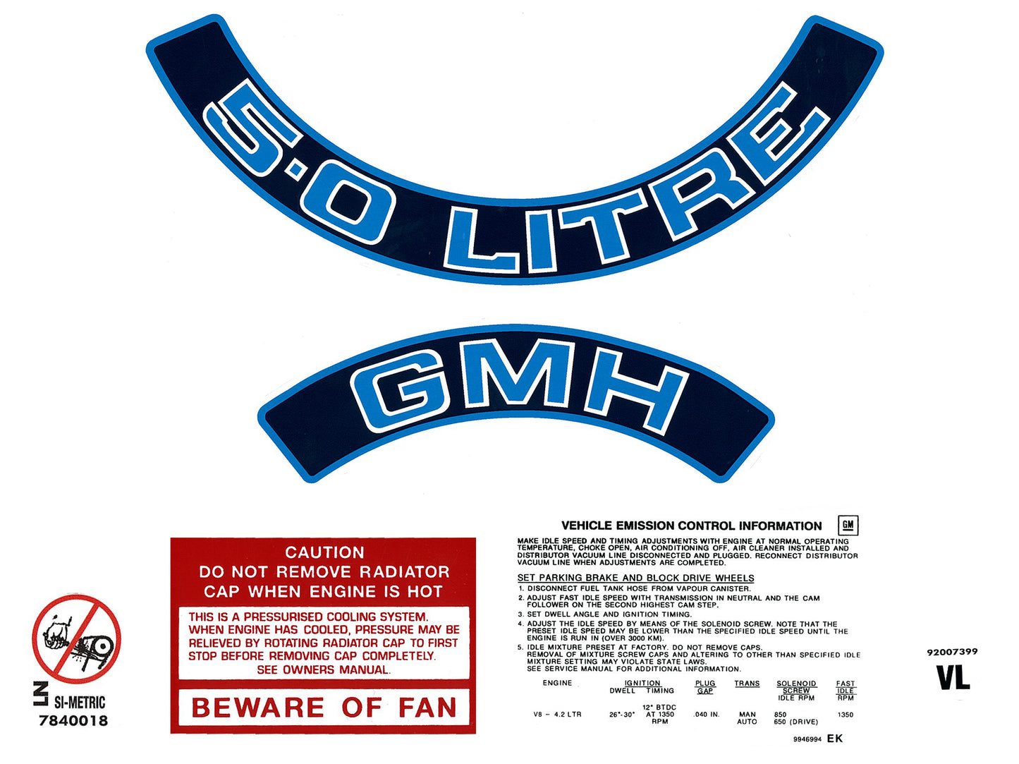Engine Decal Kit ‘5.0 Litre’ (Blue) Holden VL - ED1030B