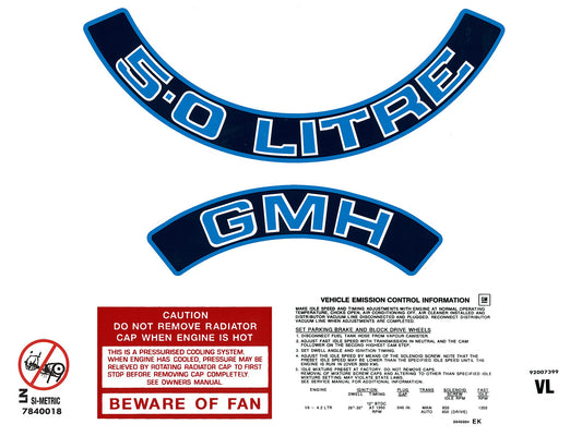 Engine Decal Kit ‘5.0 Litre’ (Blue) Holden VL - ED1030B