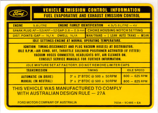 Vehicle Emission Control Decal (Yellow) Ford XC 351 5.8 Litre - ED2000F