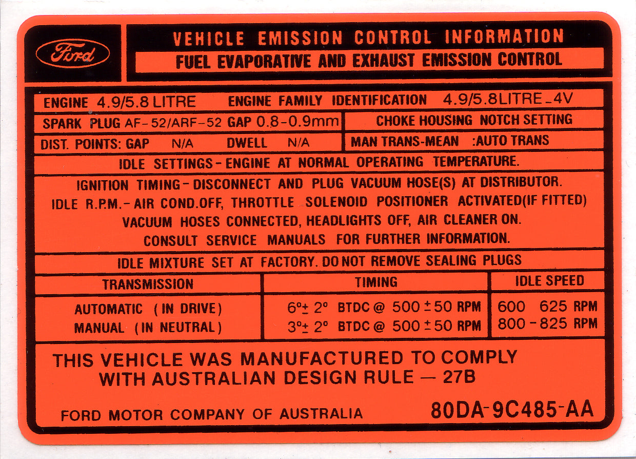 Vehicle Emission Control Decal (Orange) Ford Late XD 302 351 5.8 Litre - ED2000G