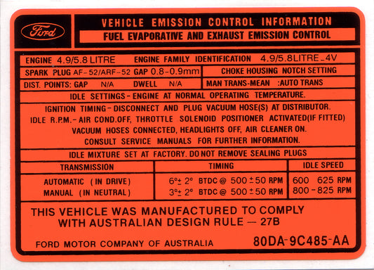 Vehicle Emission Control Decal (Orange) Ford Late XD 302 351 5.8 Litre - ED2000G