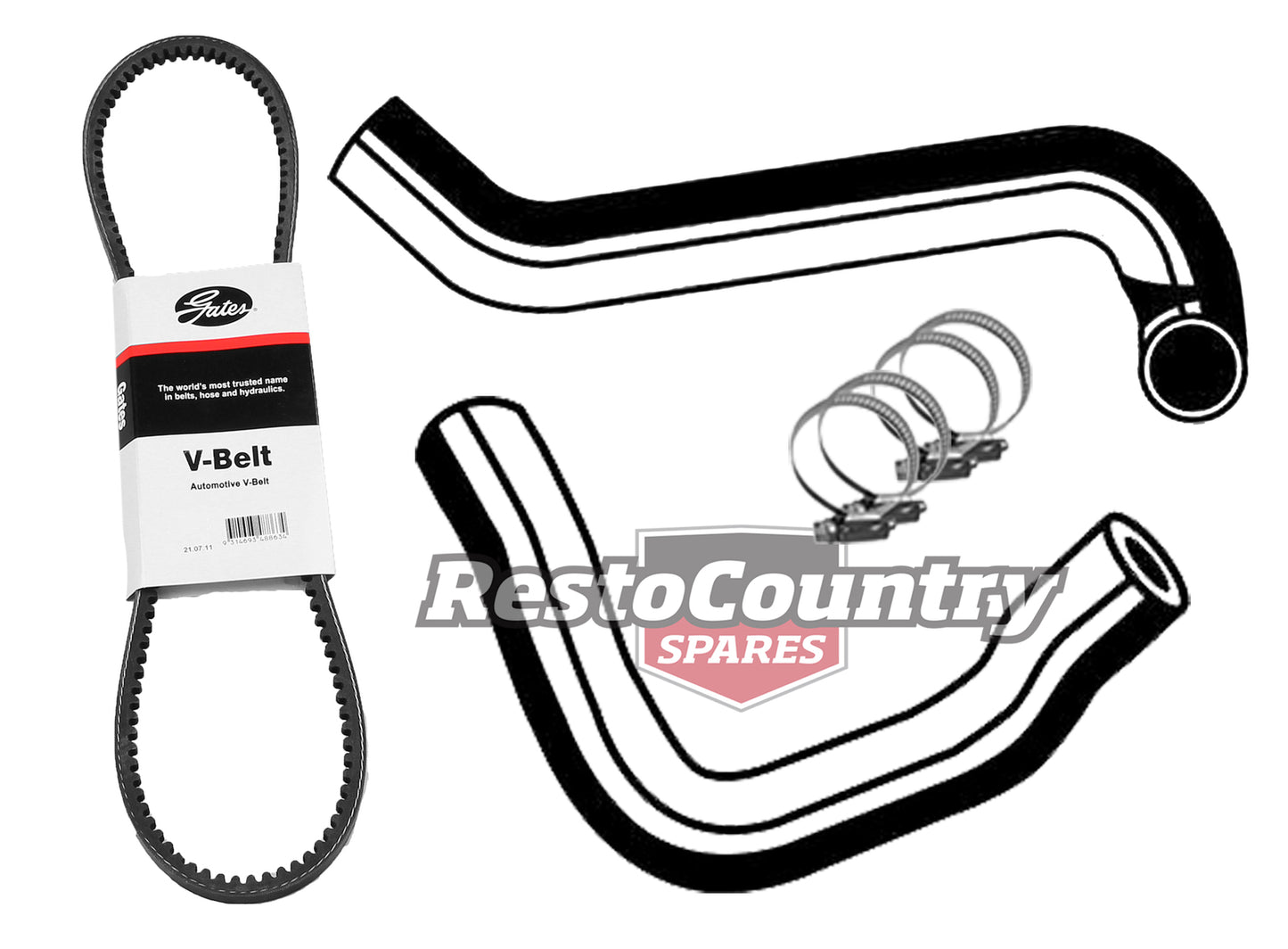 Ford Service Radiator Hose + Clamp + Fan Belt Kit ZF ZG ZH 302C 351C 2V NON A/C - KHB60-a