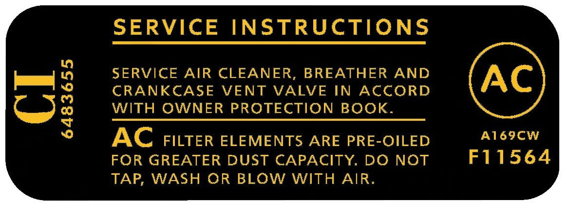 Air Cleaner Decal ‘AC F11564 / Service Instructions’ Holden HK HT HG 307 - R206A