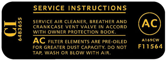 Air Cleaner Decal ‘AC F11564 / Service Instructions’ Holden HK HT HG 307 - R206A