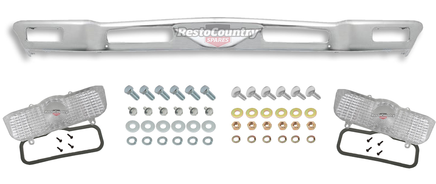 Holden HQ FRONT Bumper Bar + CLEAR Indicator Lens + Bolt Kit All Models blinker - k2811461-a