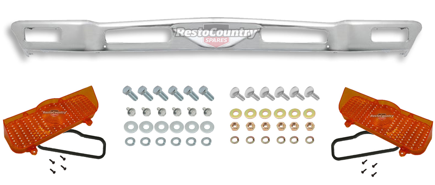 Holden HQ FRONT Bumper Bar + ORANGE Indicator Lens + Bolt Kit All Models blinker - k2811461-b