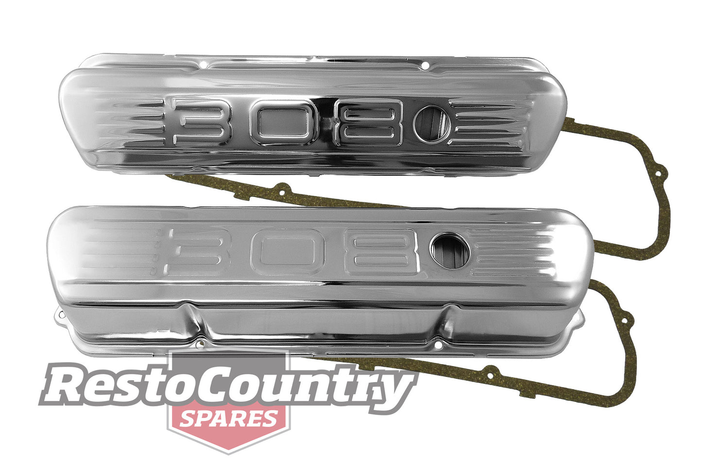 Holden V8 '308' Chrome Rocker Covers + Gaskets Set Pair x2 Standard Height - k551902-A