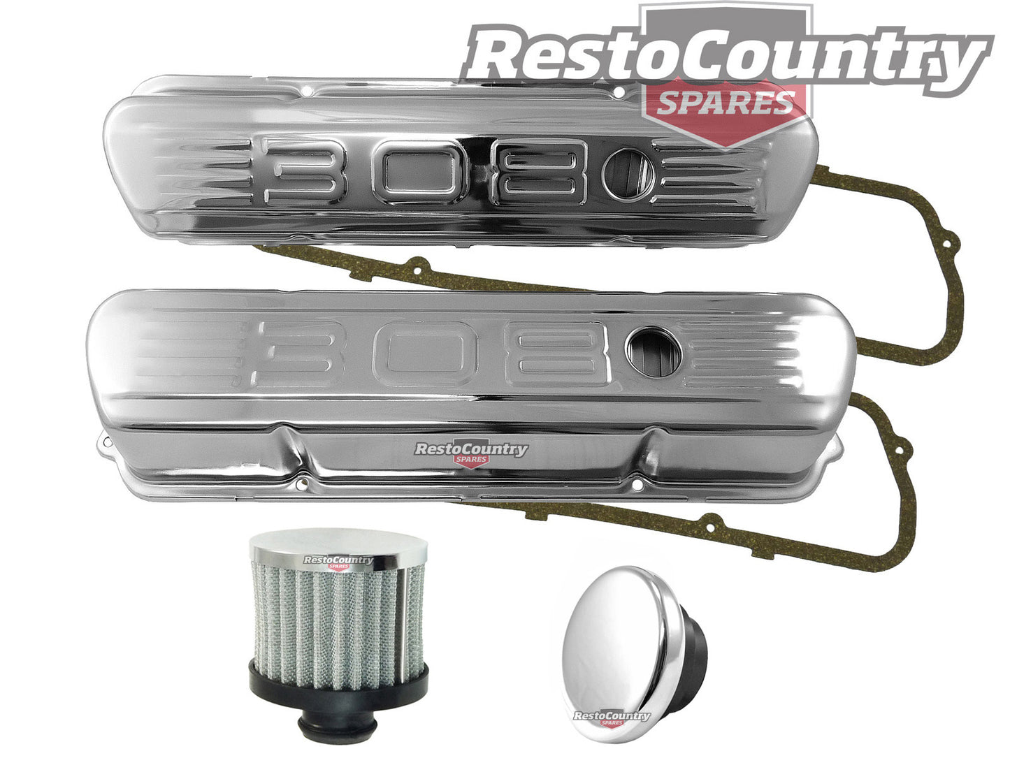 Holden V8 '308' Chrome Rocker Covers + Gaskets + Breather + Cap Set Std Height - k551902-B