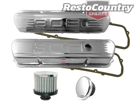 Holden V8 '308' Chrome Rocker Covers + Gaskets + Breather + Cap Set Std Height - k551902-B