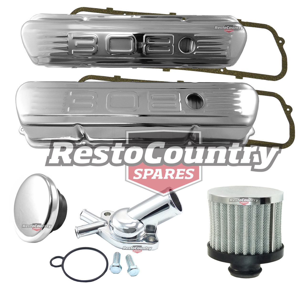 Holden V8 '308' Chrome Rocker Covers +Thermostat +Breather +Cap Kit Std Height - k551902-C