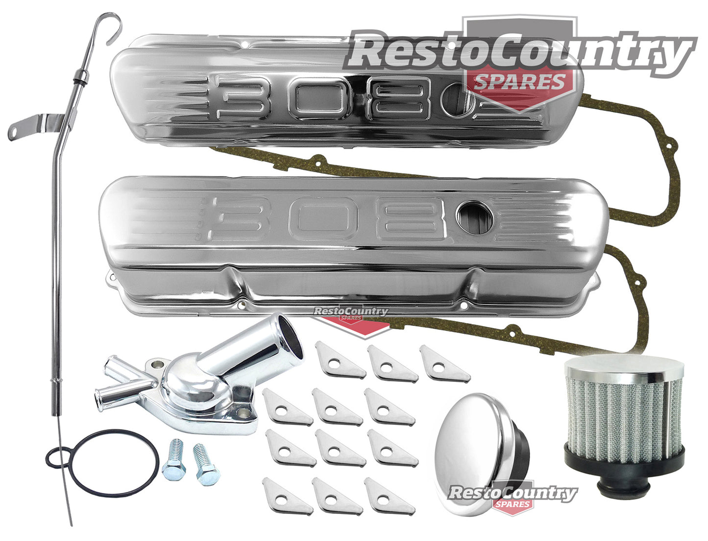Holden V8 '308' Chrome Rocker /Valve Covers +Thermostat +Breather +Cap +Dip Kit - k551902-D
