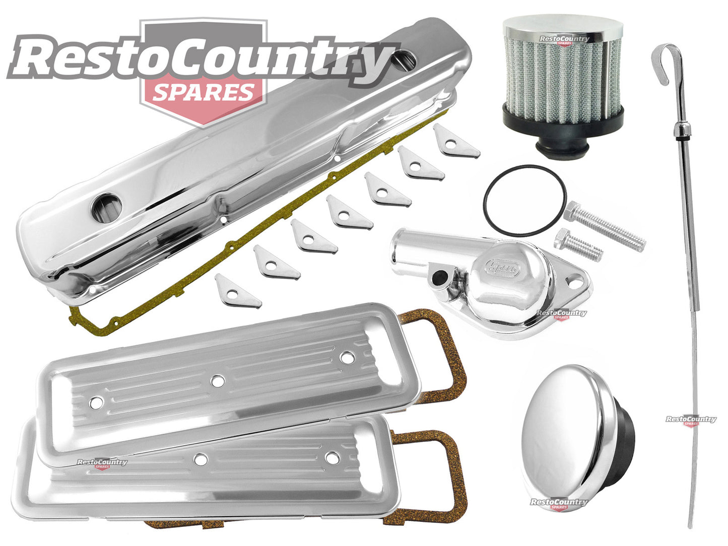 Holden 6 Cyl Chrome Engine Kit Rocker +Oil +Breather +Plates +Dip +Thermostat +Tab - k551931-F