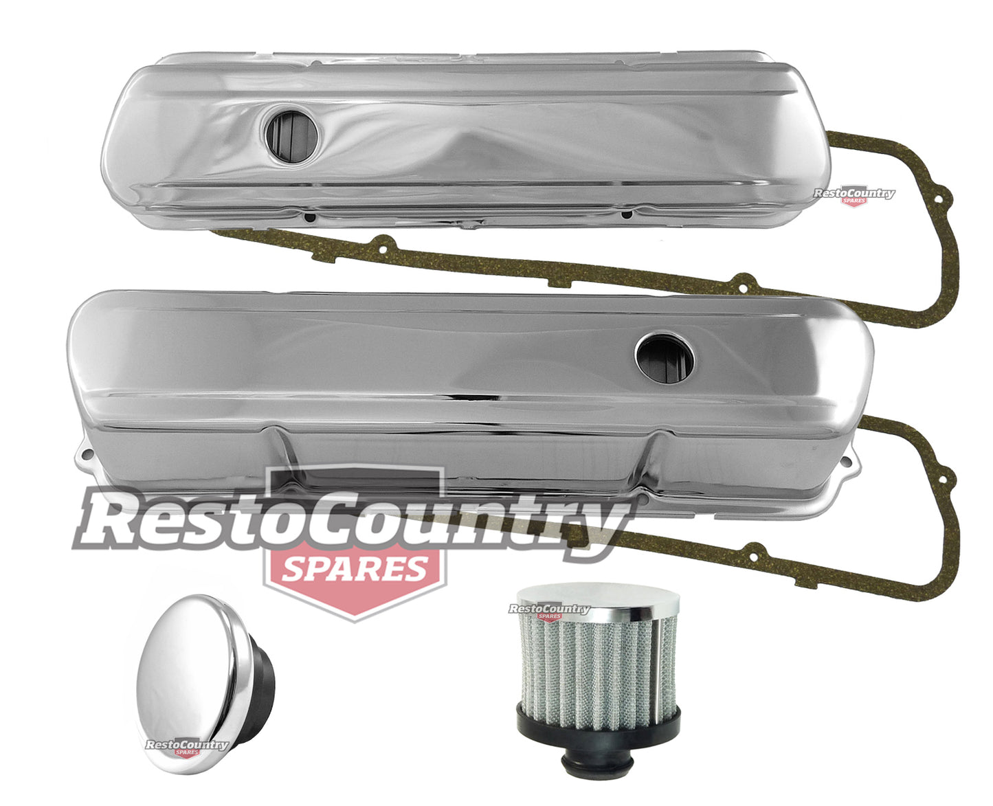 Holden 253 308 V8 Smooth Chrome Rocker Covers 3.5" + Gaskets +Breather +Cap Set - k551932-B